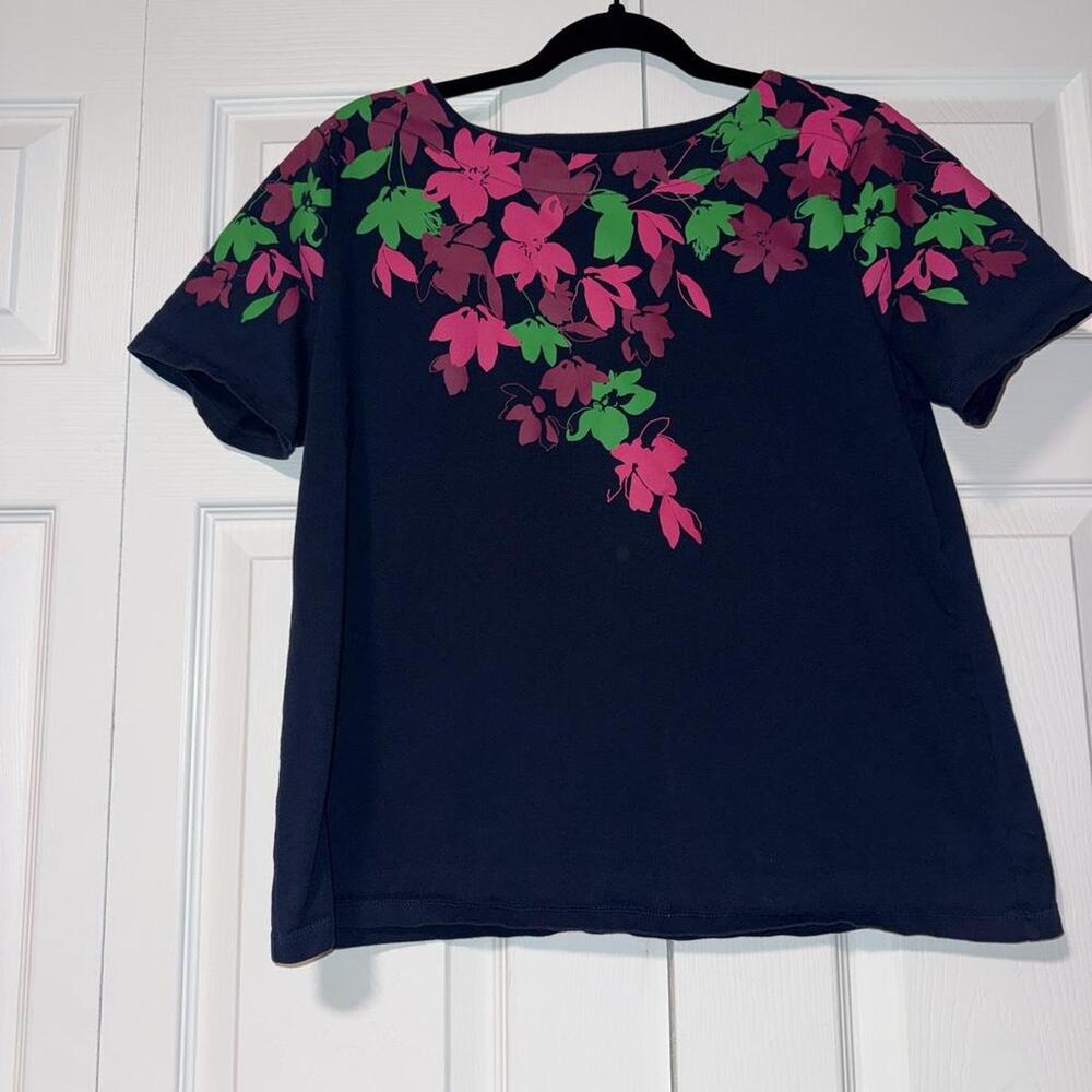 Liz Claiborne navy blue top with pink and green floral print on the shoulders, s